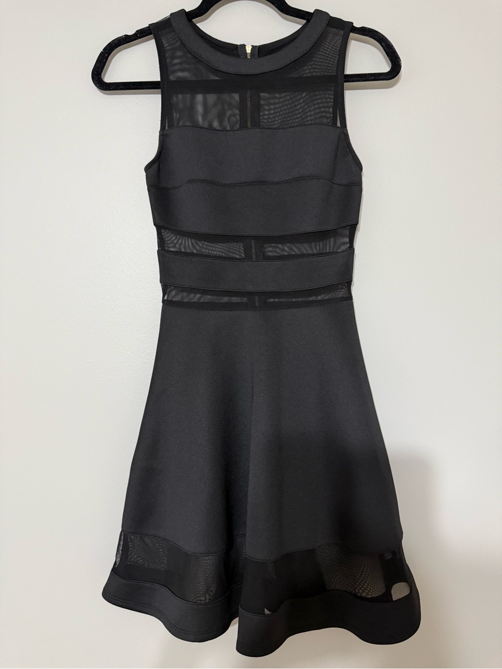 Black Mesh Panel Fit-and-Flare Dress